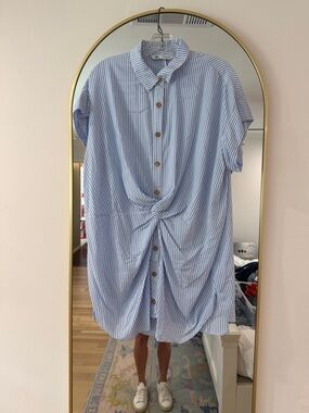 Zara Blue & White Striped Knot-Front Shirt Dress